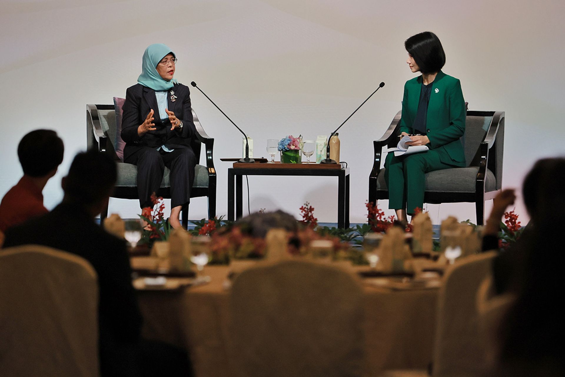 Fireside chat between President Halimah and moderator Sun Xueling, Minister of State for Social and Family Development, at the Council for Board Diversity’s 5th Anniversary Event & Forum at Shangri-La Singapore on Aug 31, 2023. ST PHOTO: GIN TAY