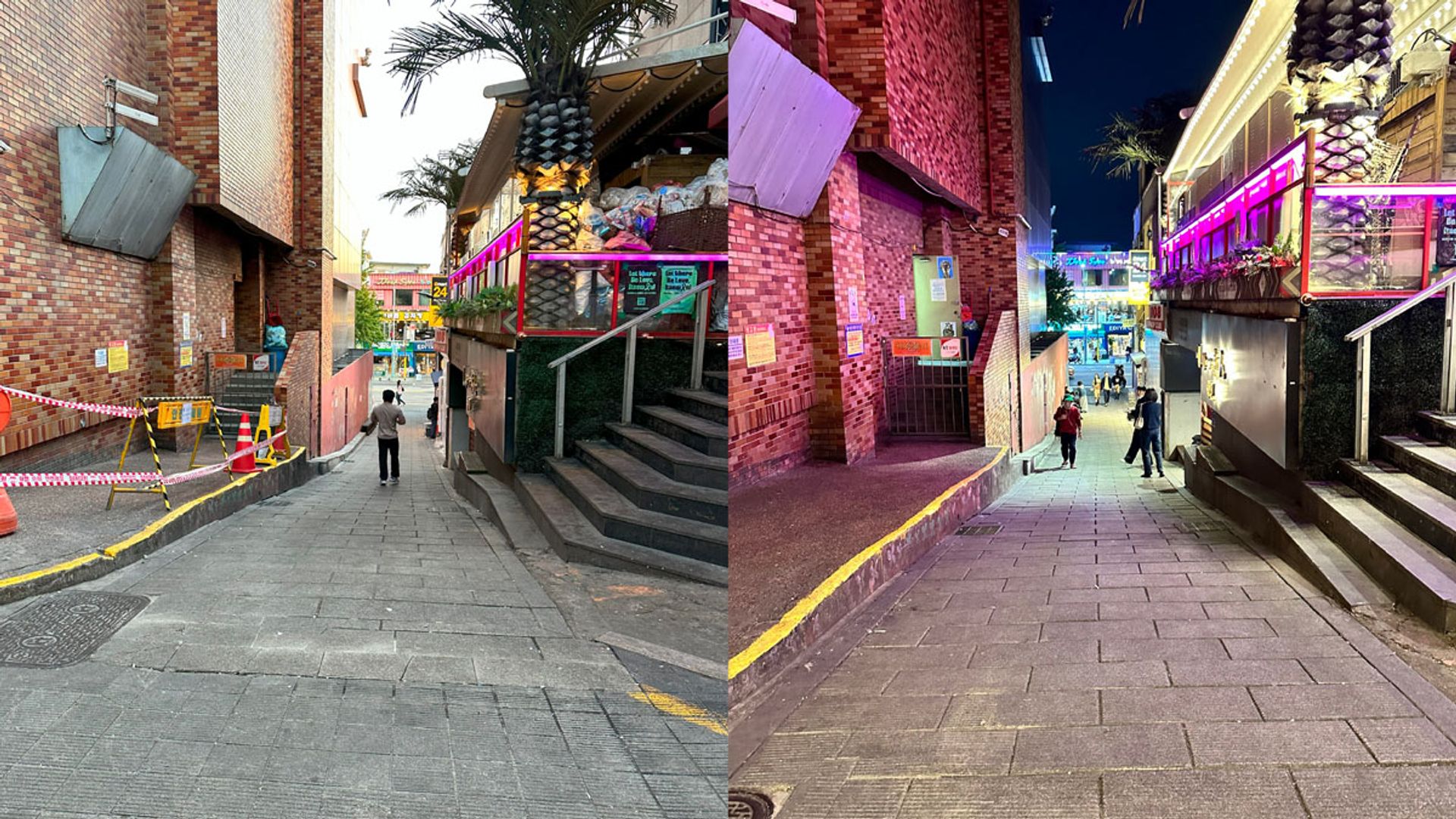 The alley where the crowd crush happened, one year on, by day and night, on different days. PHOTO: WENDY TEO